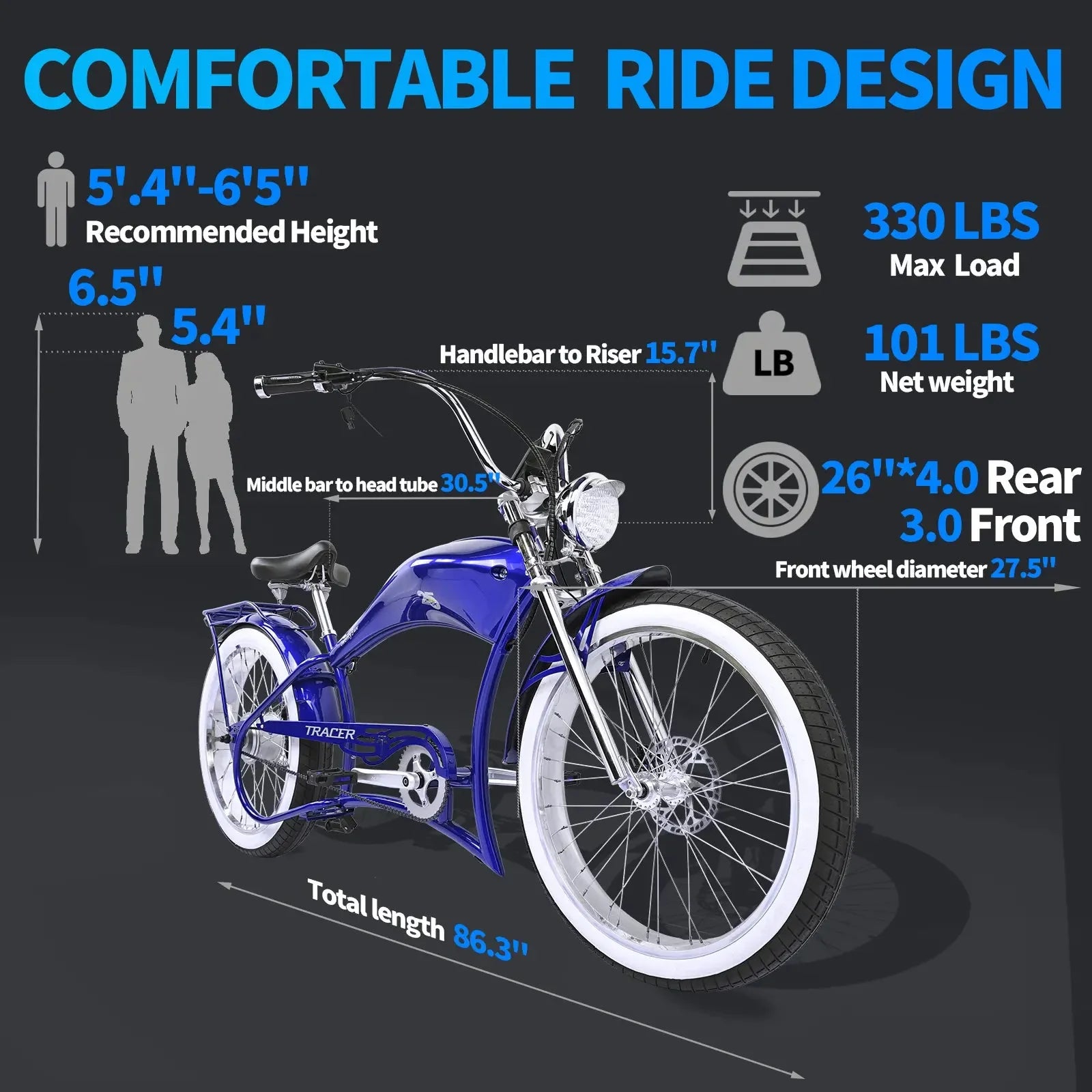 Tracer Twenty5 800W Chopper Stretch Cruiser Ebike