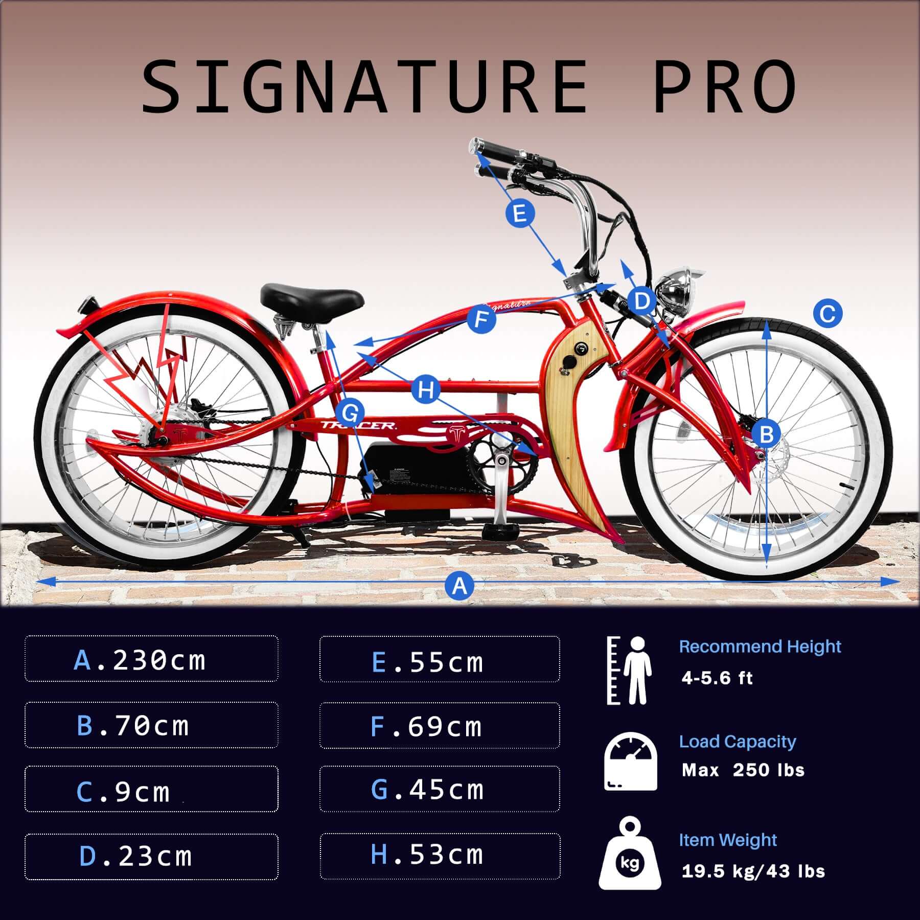 Tracer Signature Pro 26" 800W Chopper Cruiser Electric Bike w/ USB & Cigarette Lighter